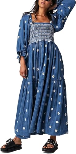 Image of Willow Dance Women Casual Bohemian Floral Dress Square Neck Ruffle Swing A Line Long Sleeve Beach Maxi Dress with Pockets