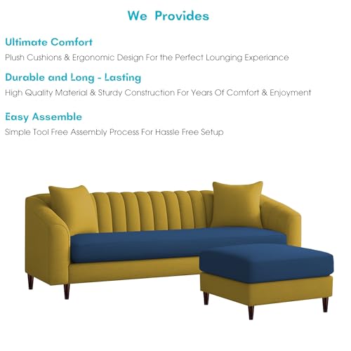 Image of Casaliving Doraldo 4 Seater L Shape Convertible Sofa Set for Living Room, 3 Seater & Ottoman Modular Sectional Couch for Small Space (Blue Yellow Colour) Fabric