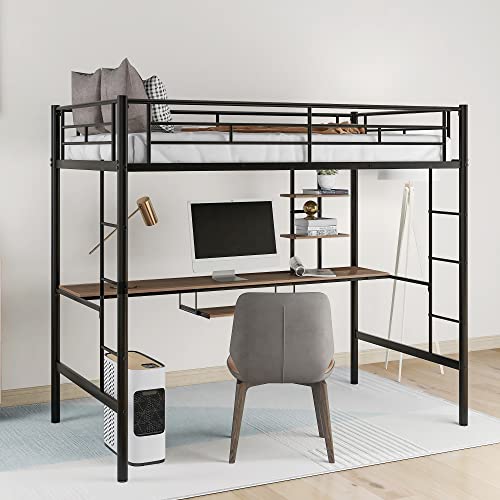 Buy High Metal Loft Bed with Desk, Keyboard Tray and Storage Shelf for
