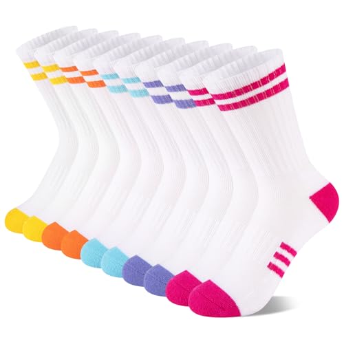 Comfoex 10 Pairs Girls Crew Long Athletic Socks for 4-6 6-8 8-10 Years Old Kids Calf Sports Cotton Socks Half Cushioned