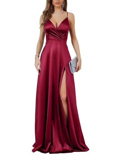 Image of MUXXN Women's Gorgeous Spaghetti Strap V Neck Stain Split Evening Party Maxi Dress