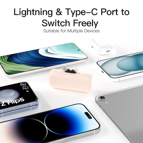 Portable Charger for iPhone Pink Fast Charging 5000mAh 2-in-1 Connector Android Compatible Fast Charging Small Power Ban