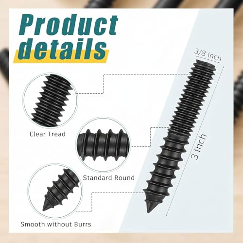 Image of Hicarer 20 Pack 3 /8-16 x 3 Inch Hanger Bolts Double Headed Bolts with Driver Self Tapping Screw Threaded Rod Screws for Furniture Double Headed for Wood Furniture Joint, Black