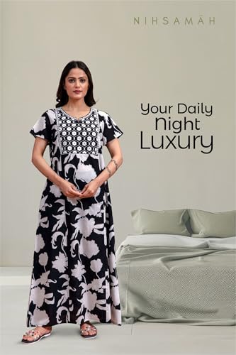 Image of NIHSAMAH Cotton Nighty for Women - Printed Stylish Night Gown, Comfortable Sleepwear Long Nightwear, Maxi