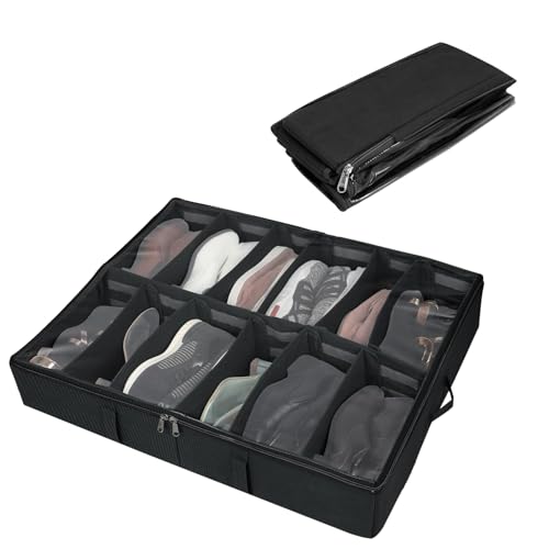 Image of SHIBUI Under Bed Shoe Organizer with Zipper-Dustproof & Space-Saving Storage for Sneakers, Heels & Boots, Adjustable Compartments, 24.5 x 29 x 5.5 Inch. (Polyster Black, Pack of 1)