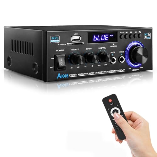 Image of KKMOL - Hifi Stereo Amplifier, AK45 Mini Bluetooth Radio Audio Amplifier Receiver, Wiimp Amp, 12V/220V, 400W, 2 Channels, Digital Sound Amplifier with USB, SD Card, Remote Control