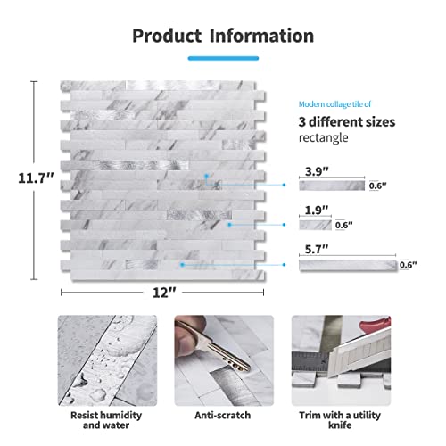 Art3D 10-Sheet Peel And Stick Stone Backsplash Tile For Kitchen, Bathroom - Volakas White Embellished With Metal Silver #TOP3