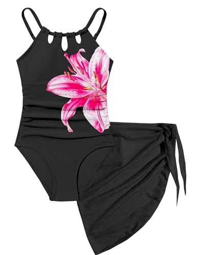 Image of KANGKANG Girls Swimsuit Quick Dry Cut Out One Piece Swimsuits with Tropical Print Cover Up Skirt Bathing Suit Swimwear 7-18Y