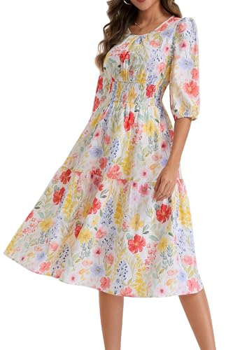 Image of Kormei Women Casual Boho Floral Round Neck 3 /4 Sleeve Smocked Waist Tiered A Line Flowy Swing Midi Dress Long Dresses