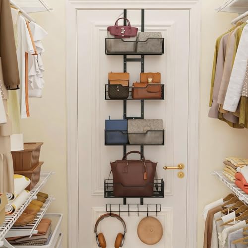 Angju Purse Organizer Over The Door Hanging Purse Handbag Rack Detachable Bag Storage Rack Wall Mounted Adjustable Durable Metal Purse Holder Handbag Purse Organizer for Closet with 6 Hooks