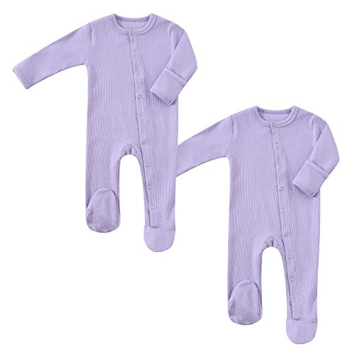 Baby Footed Pajamas with Mitten Cuffs Unisex Cotton Snap-up Romper Jumpsuit Sleep and Play 0-12 Months Footie 2-Pack (0-3 Months, Light Purple)