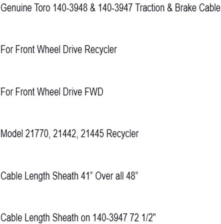 Replacement for Toro 140-3948 & 140-3947 Traction Brake Cable Front Wheel Drive OEM