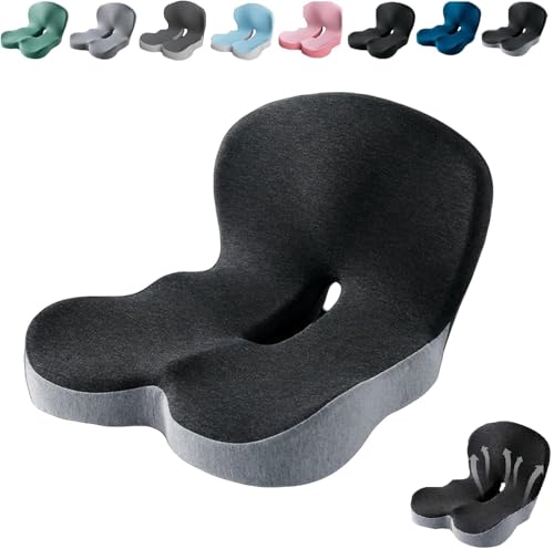 Kurbetts Orthopedic Cushion Ergonomic Memory Foam L-Shaped Integrated Seat Cushions with Adjustable Strap Ultra Breathable Non-Slip Design for Office Chair Car Wheelchair (Black+Gray)