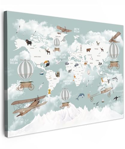 MuchoWow© Impressions sur Toile 70x50 cm Deco Tableau Murale Decoration Salon Peinture Tableaux Chambre Toiles Maison Carte du Monde - Enfant - Avion