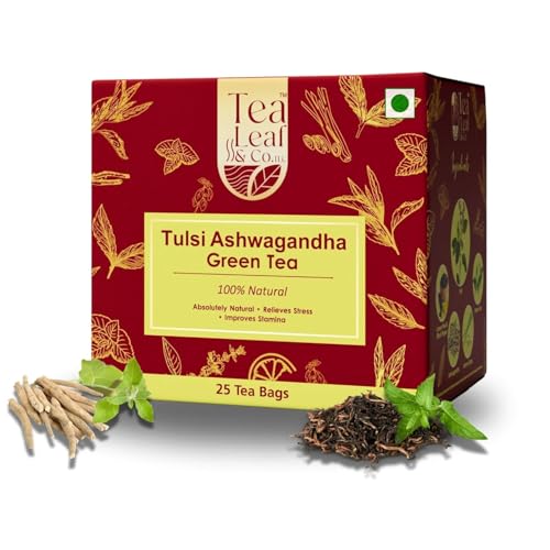 Tea Leaf & Co. Tulsi Ashwagandha Green Tea for Stress Relief, Immunity Boost & Fat Loss |Detox & Relaxation Blend | Natural Green Tea Bags for Skin, Digestion & Heart Health 25 Tea Bags Pack