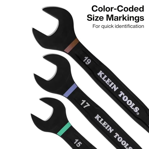 Image of KLEIN TOOLS 69508M Metric Ratcheting Combination Wrench Set, 8-Piece, Slide-Lock 90-Tooth Ratchet, I-Beam Handle, Color-Coded Size Markings, Roll Pouch Storage