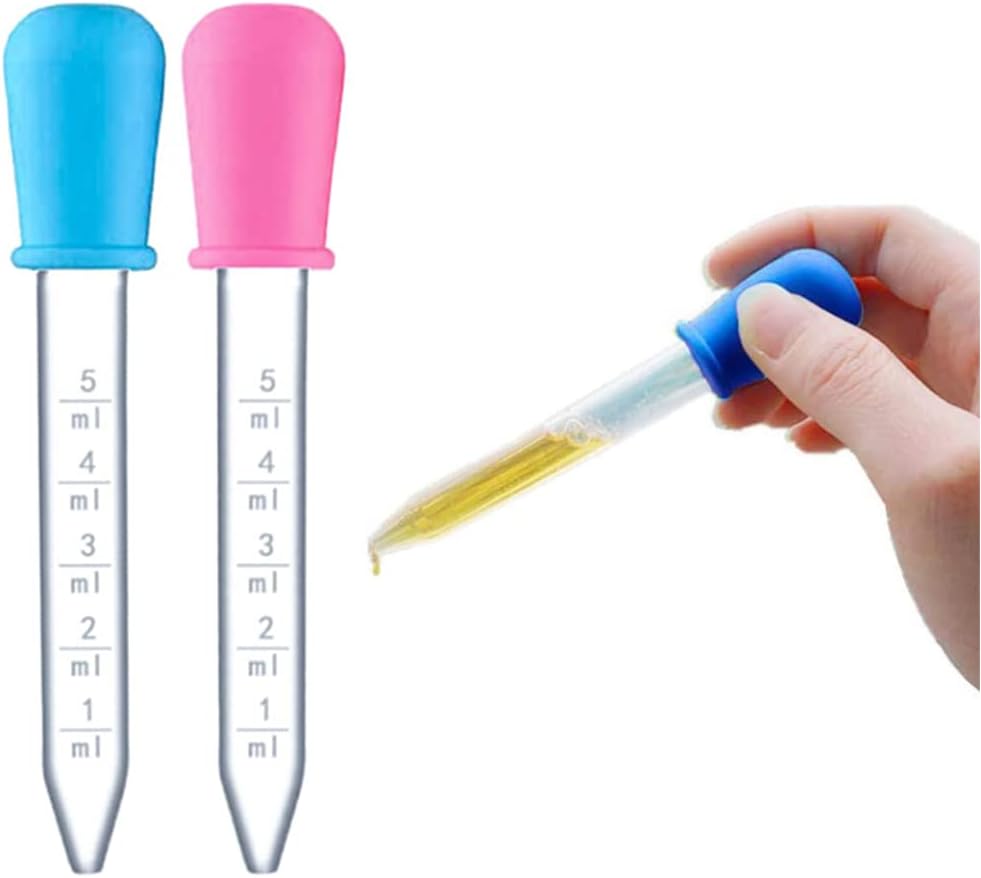 5ml Baby Medicine Dropper Set, Plastic Transfer Pipettes with Blue and Pink Silicone Caps, Graduated Measurement Scale (Pack of 4)