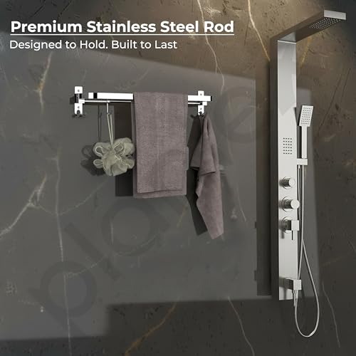 Image of Plantex Stainless Steel Folding 24 Inch Single Towel Rod /Towel Holder for Bathroom with Hooks /Towel Hanger /Towel Stand /Bathroom Accessories - (24 Inch-Chrome)