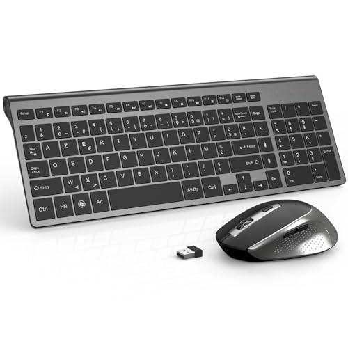 JOYACCESS Clavier Souris sans Fil, 2.4Ghz Clavier AZERTY Compacte Portable de Taille Normale, Souris Ergonomique Silencieuse 2400 DPI pour PC,Laptop,Ordinateur,Smart TV-Grey et Noir