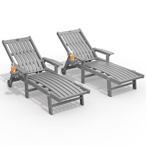 THOEOE Patio Chaise Lounge Chair Set of 2, Oversized Lounge Chair Outdoor with 5 Positions, 78β³ Long, HDPE, Patio Lounge Chair with Wheels & Cup Holder for Pool, Deck, Poolside,Grey
