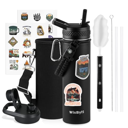 WixByti 20 oz Insulated Water Bottle with Straw (Cold for 24 Hrs), Stainless Steel Triple Wall Vacuum Sports Water Jug, Leakproof Hydro Cup Flask with Paracord Handle & Straw Spout Lids & DIY Stickers