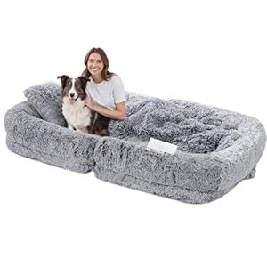 HOOBRO Foldable Human Dog Bed with Plush Pillow and Soft Blanket, 30D High-Resilience Memory Sponge, Machine Washable Plush Human Dog Bed for Adult, Children and Pets, No Assembly, Light Gray LG02PB03