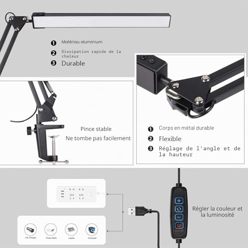 Lampe de bureau LED bras oscillant SKYLEO orientable et dimmable sur USB