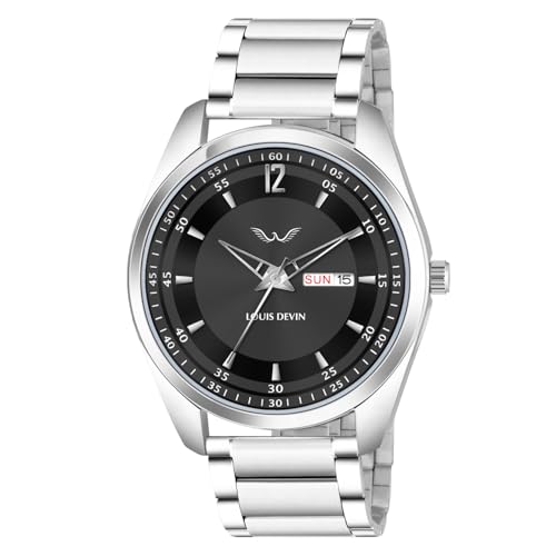 Image of LOUIS DEVIN Stainless Steel Chain Analog Wrist Watch for Men with Day and Date Display (Black /Blue /Brown /Silver Dial) | LD-GR405-CH