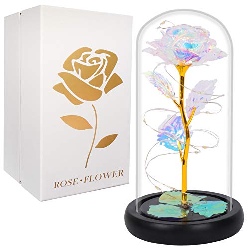 Gift for Mom Artificial Colorful Flower Rose Gift Led Light on Galaxy Rose in Glass Dome Best Gifts for Mother Day Women Valentine's Day Christmas Wedding Anniversary Birthday