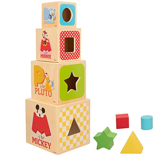 WOOMAX 48738 - Cubos apilables de madera para bebé, Torre encajable de juguete Disney, Juguetes Mickey y Minnie, Juego educativo, Montessori, Primera infancia, A partir de 12 meses, Regalos infantiles
