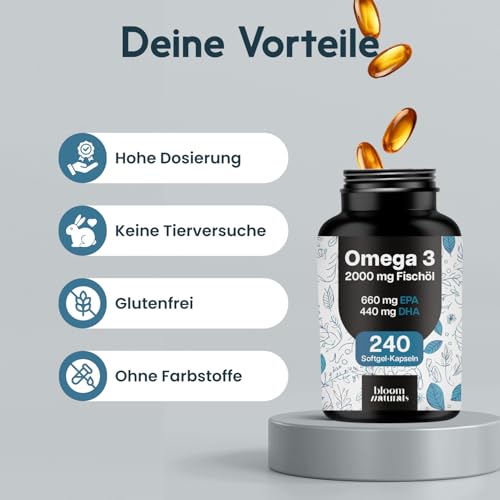 Omega 3 Kapseln hochdosiert 2000mg Fischöl - 240 Softgel-Kapseln - davon 660 mg EPA und 440 mg DHA - Unterstützt die Gesundheit von Herz, Gehirn und Augen* - Produziert in Deutschland 4