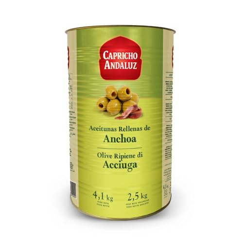 Capricho Andaluz - Aceitunas Manzanilla Rellenas de Anchoa Lata 4,1kg (2,5kg Escurrido) - Sabor Clásico de Aperitivo, Formato Profesional para Bares, Restaurantes y Caterings