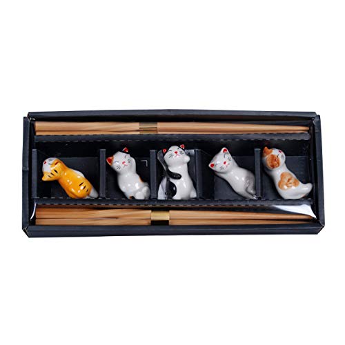 Japanese Traditional Chopsticks Set With Cute Kitten Cats Chopsticks Rest 5 Matching Pair Assorted Colors Chopsticks Set Dining Table Starter Kit Beautiful Gift Item Nicely Packaged (Cats) #TOP2