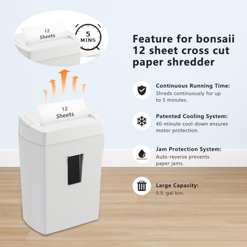 Image of Bonsaii Heavy-Duty Cross-Cut Shredder, Handles up to 12 Sheets at Once, Providing P-4 high Security, Credit Cards, Mail & taples, 5.5-Gallon bin with a Transparent Window, Use in Home Offices, White