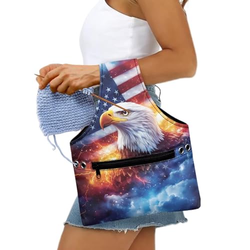 Image of ZUXONGSY America250 Knitting Project Bag for July 4th 2026 Thunder Eagle Patriotic Flag Yarn Tote Bags for Crocheting Crochet Organizers and Storage