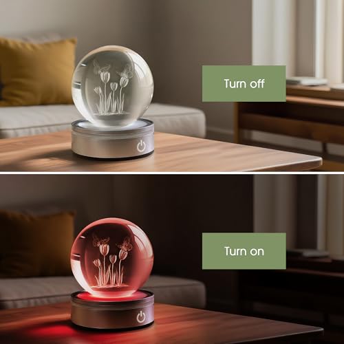 Image of L LOHAS LED 3D Crystal Ball Night Light-Laser Engraved Floral, Silver Base