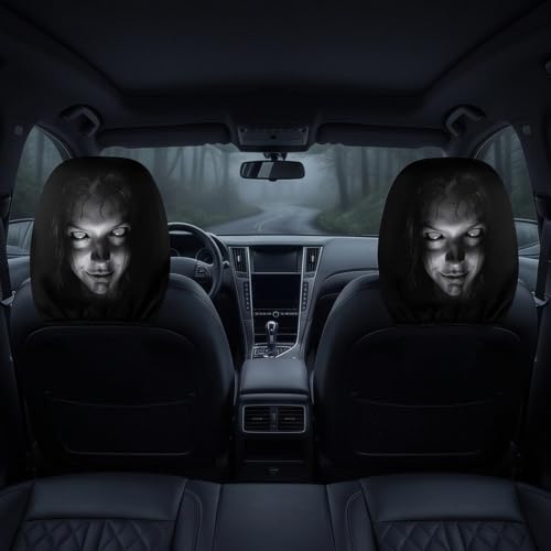 Headrest Covers, 2 Pack Ghost Face Funny Washable Elastic Scary Covers for Cars,Stretchy Soft Polyester Seat Headrest Protector for Vehicle Truck SUV Van Sedan Interior Accessories Women，Black 1 — view 5