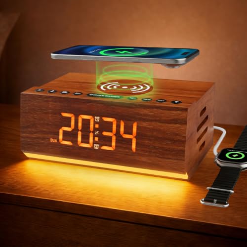 Wooden Digital Alarm Clock with Wireless Charging