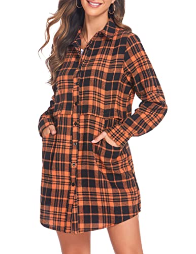 HOTOUCH Womens Flannel Plaid Shirts Roll Up Long Sleeve Mid-Long Casual Boyfriend Shirts with Pockets2