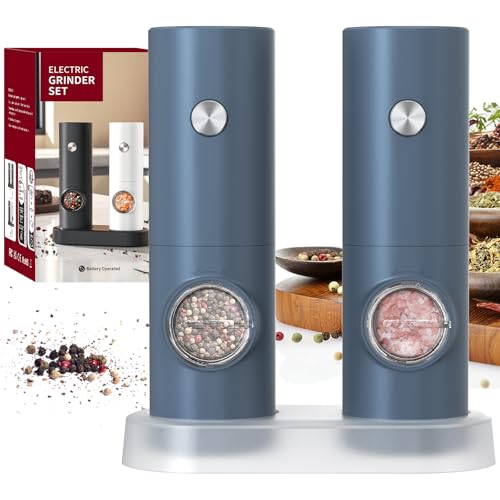 CIRCLE JOY Set Macina Sale e Pepe Elettrico a Batteria Macinaspezie con Base, Luce LED Bianca e Rugosità Regolabile, Blu