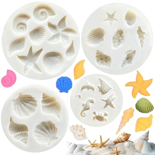4 peças moldes de silicone marinho animais, molde formas estrela do mar, concha, cavalo-marinho, coral, caracola, tema marinho para bolos, chocolate, cubos de gelo, sabão e velas