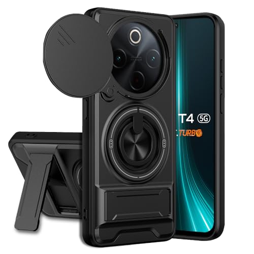 Image of Vivo T4 5G / Z10 5G Back Cover | Armor Camera Slider 360 Degree Rotating Finger Ring Holder Case with Bracket Stand Back Case Cover (Compatible with MagSafe Accessories) (Black)