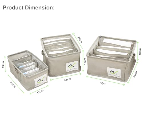 Image of House of Quirk Cotton Linen Set Of 3 Underwear Organizer Set - 5 /6 /9-Compartment Dividers For Closet & Drawer (Grey), Clothing