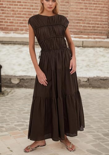 Women Pleated Ruched Tiered Maxi Dress Sleeveless Patchwork Ruffle Hem A Line Flowy Summer Elegant Long Dress2