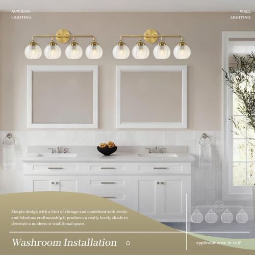 Image of 4-Light Brushed Gold Clear Glass Globe Wall Sconce, 27.2-inch | Gold Vanity Lights, 5.9 inch Clear Glass Shade, E26 Base, Living Room, Bedroom, Bathroom, Renters, Indoor Lighting, Wall Lamps