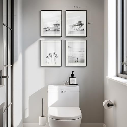 Framed Black and White Beach Wall Art, 4 Piece Coastal Photography Canvas Artworks, Ocean Wave Palm Tree Seascape Picture Prints for Living Room Bedroom Bathroom Hallway Office Wall Decor, 11x14 Inch - Image 3