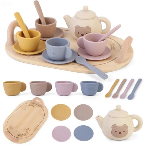 Wooden Tea Party Set for Toddlers 3-5 14pcs Toddler Tea Set with Silicone Teapot Cups Carrying Tray Scoop Kids Kitchen Accessories Pretend Play Wooden Toys for Kids Over 36 Mouths