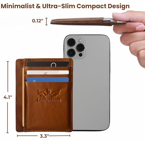 Slim Minimalist RFID Blocking Front Pocket Leather Wallet for Men and Women, Credit Card Holder with ID Window, Ample Storage, Compact Design, CARAMEL4