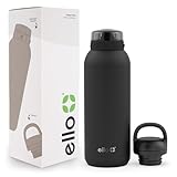 Ello Cooper 40oz Stainless Steel Water Bottle with 2 Lids Chug and Straw | Leak Proof | Double Walled and Vacuum Insulated | Built in Carry Loop | Dishwasher Safe | Black