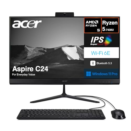 Image of Acer Aspire C24 All-in-One (AIO) Desktop 23.8 inch 120 Hz IPS FHD Display | AMD Ryzen 5 7430U, 16GB DDR4, 1TB PCIe SSD, AMD Radeon, WiFi 6E, Bluetooth 5.3, Webcam, Win 11 Pro) USB Keyboard and Mouse